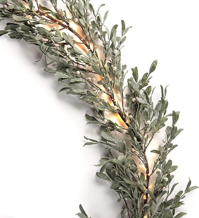 LampLust Lighted Garland Battery Operated, 6 Ft Frosted Mistletoe with Pearl Beads, 100 LED Lights & Timer, Spring Garland for Mantle All Year Round, Farmhouse Dining Table Decor, Spring Table Décor