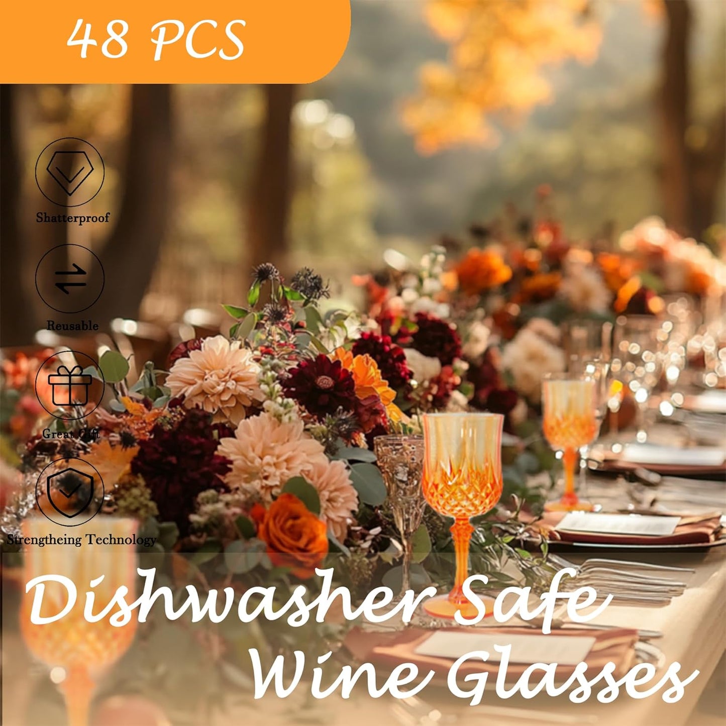 Plastic Wine Glasses，Plastic Goblets Vintage Style Cordial Drinking Glasses for Wedding Reception, Halloween Grand Event Party Supplies (48, Pumpkin orange)