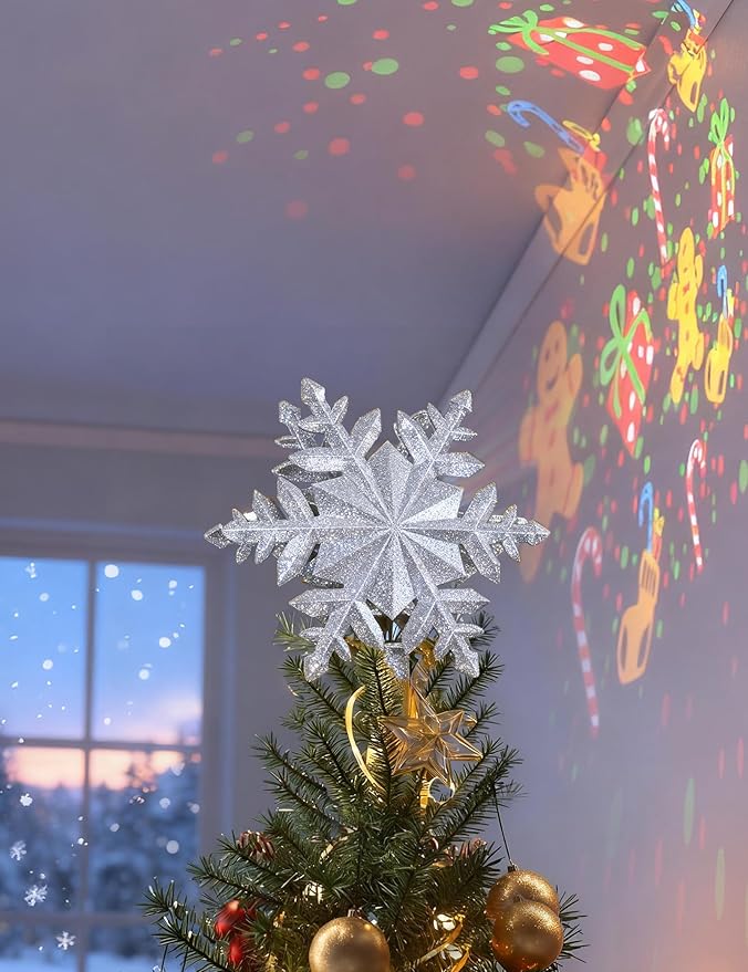 DG-Direct Christmas Tree Topper Lighted with 6 Projected Patterns, Led Rotating Magic Snowflake, 3D Hollow Glitter Lighted Silver Snow Tree Topper for Christmas Tree Decorations, Silver
