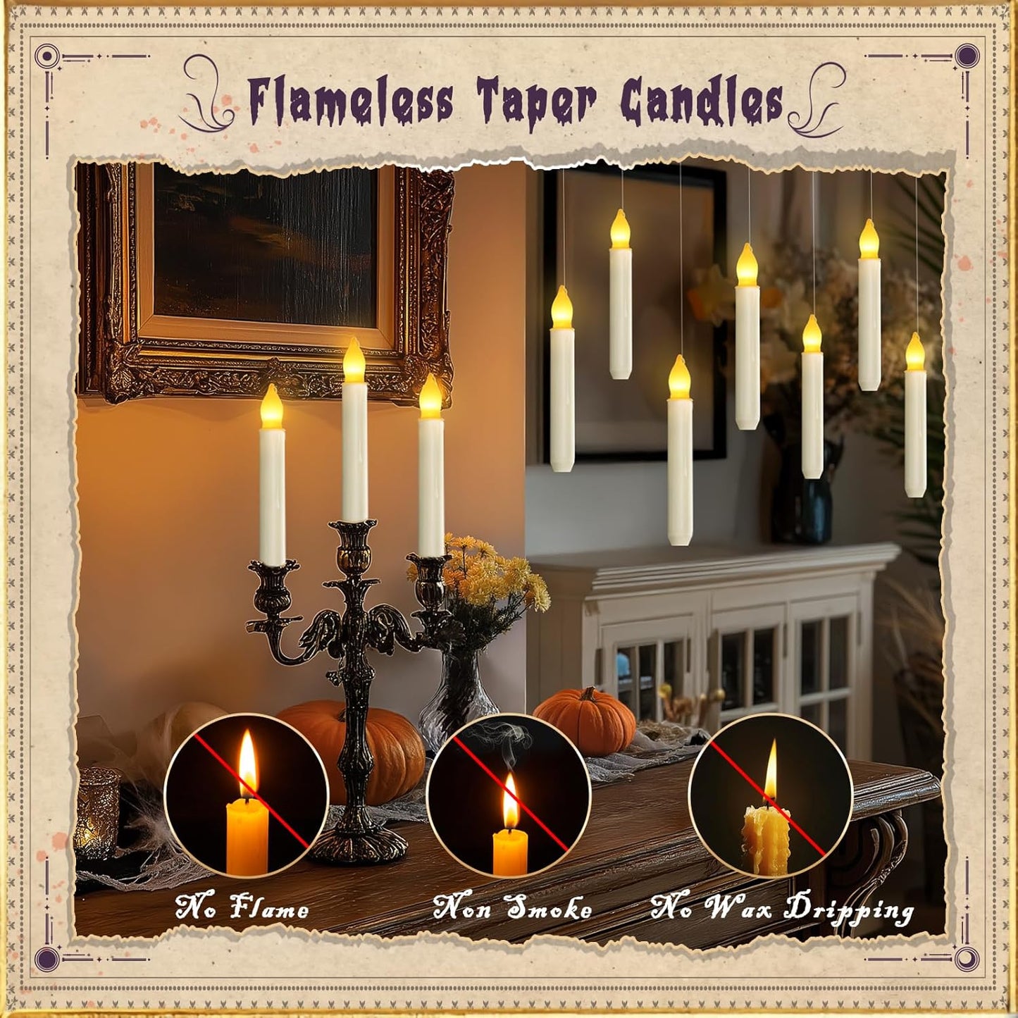 Homemory 20 Pcs Floating Candles with 2 Wand, LED Warm Yellow Magic Deco Candle, Warm Yellow Flameless Taper Candles for Halloween Party Decor