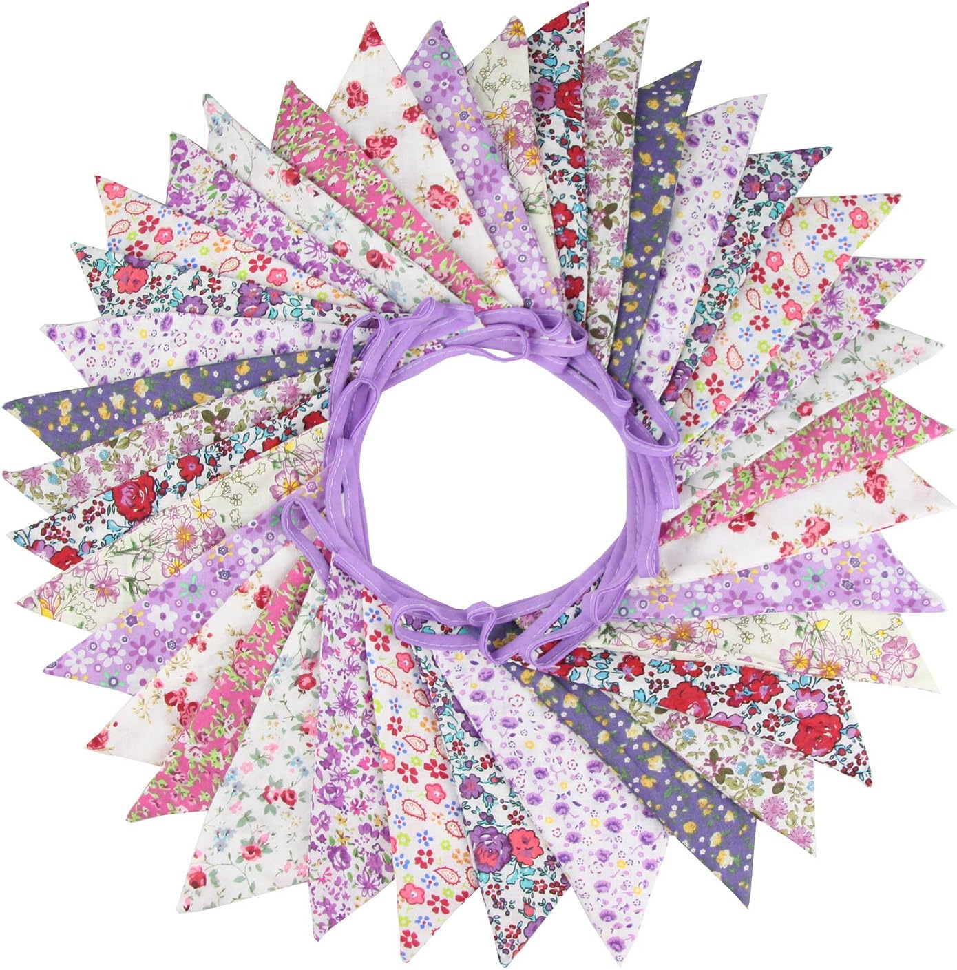 10M/32Ft Triangle Bunting Banner, 36 Pcs Cotton Fabric Flags Pennant Garlands for Birthday Party, Wedding, Baby Shower, Outdoor and Home Decorations (Purple)