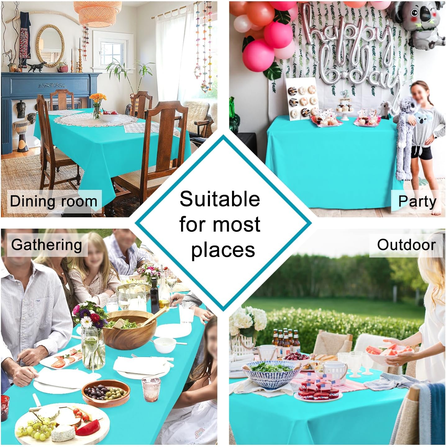 Hiasan 2 Pieces Solid Rectangle Tablecloth - Waterproof and Spillproof Washable Polyester Fabric Table Cloth for Kitchen and Dining Room, Aqua, 90 x 156 Inch