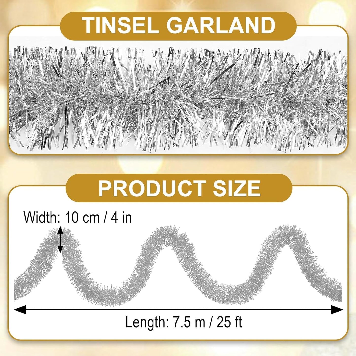 25 Feet Silver Christmas Tinsel Garland, Metallic Foil Twist Garland Wall Hanging Tinsel Banner Backdrop for Parade Floats, Easter, Mother's Day, Birthday Party Decorations (4in x 25ft)