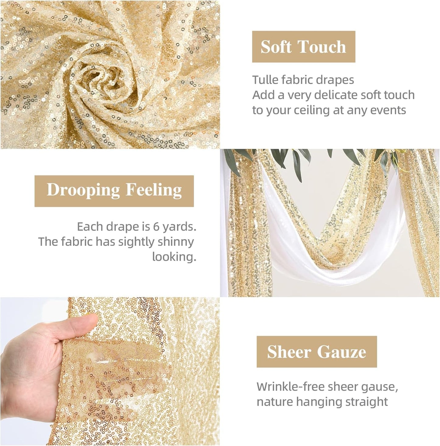 Wedding Arch Draping Fabric, 1 Panel 28" x19ft White Arch Drapes & 1 Panel 16" x19ft Champagne Sequin Fabric Drapes Arbor Backdrop Curtain for Wedding Arch Ceremony Bridal Shower Reception