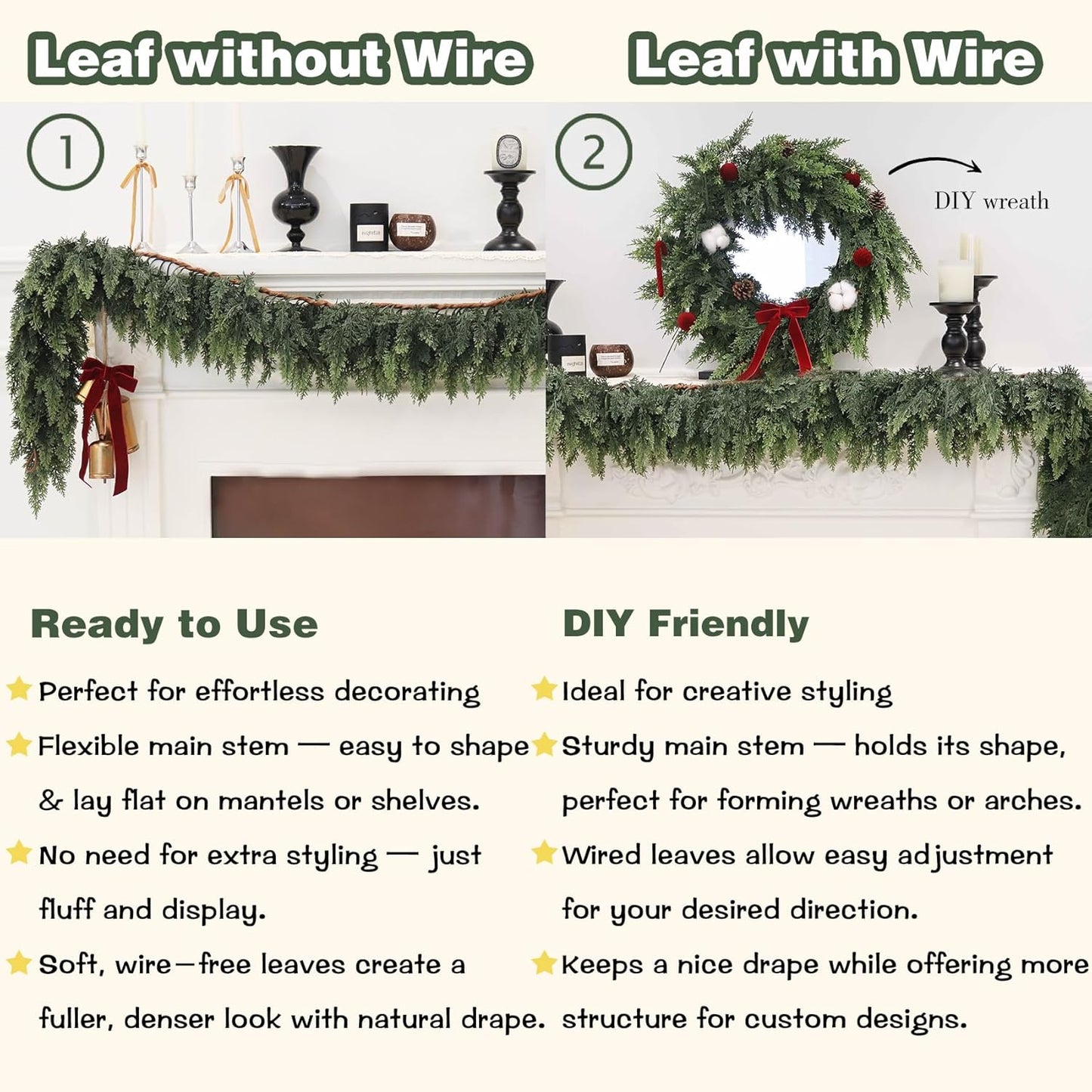 Artificial Cedar Garland for Christmas Decoration - Realistic Winter Greenery Garland for Mantel, Fireplace, Table, Door, Holiday Indoor Outdoor Decor 5FT