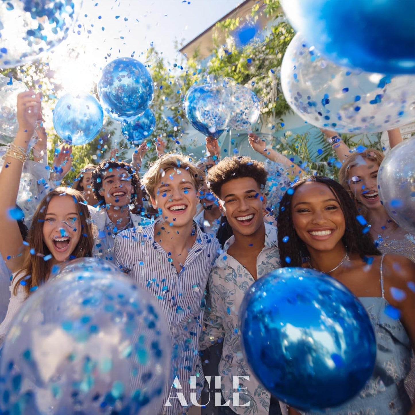 AULE Party Balloons Pack of 42 - Metallic Blue Balloons and Blue Confetti Balloons With 64ft Ribbons 12 Inch Chrome Latex Helium Balloon Decoration Set