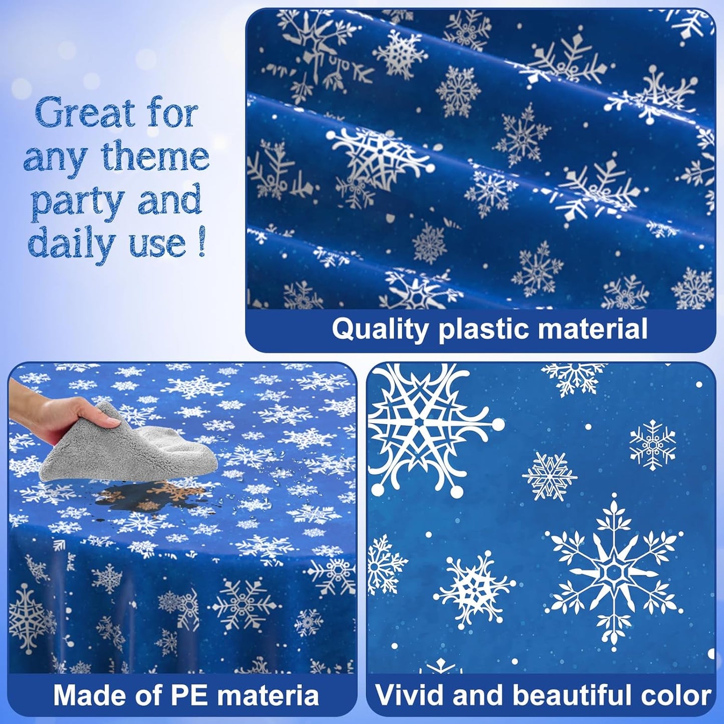 Jectivs 6 Pieces Christmas Snowflake Plastic Party Tablecloth Decorations,Disposable White Snowflake Blue Xmas Round Table Cover Backdrop for Winter Christmas Holiday Party Supplies,84 inch (Blue)