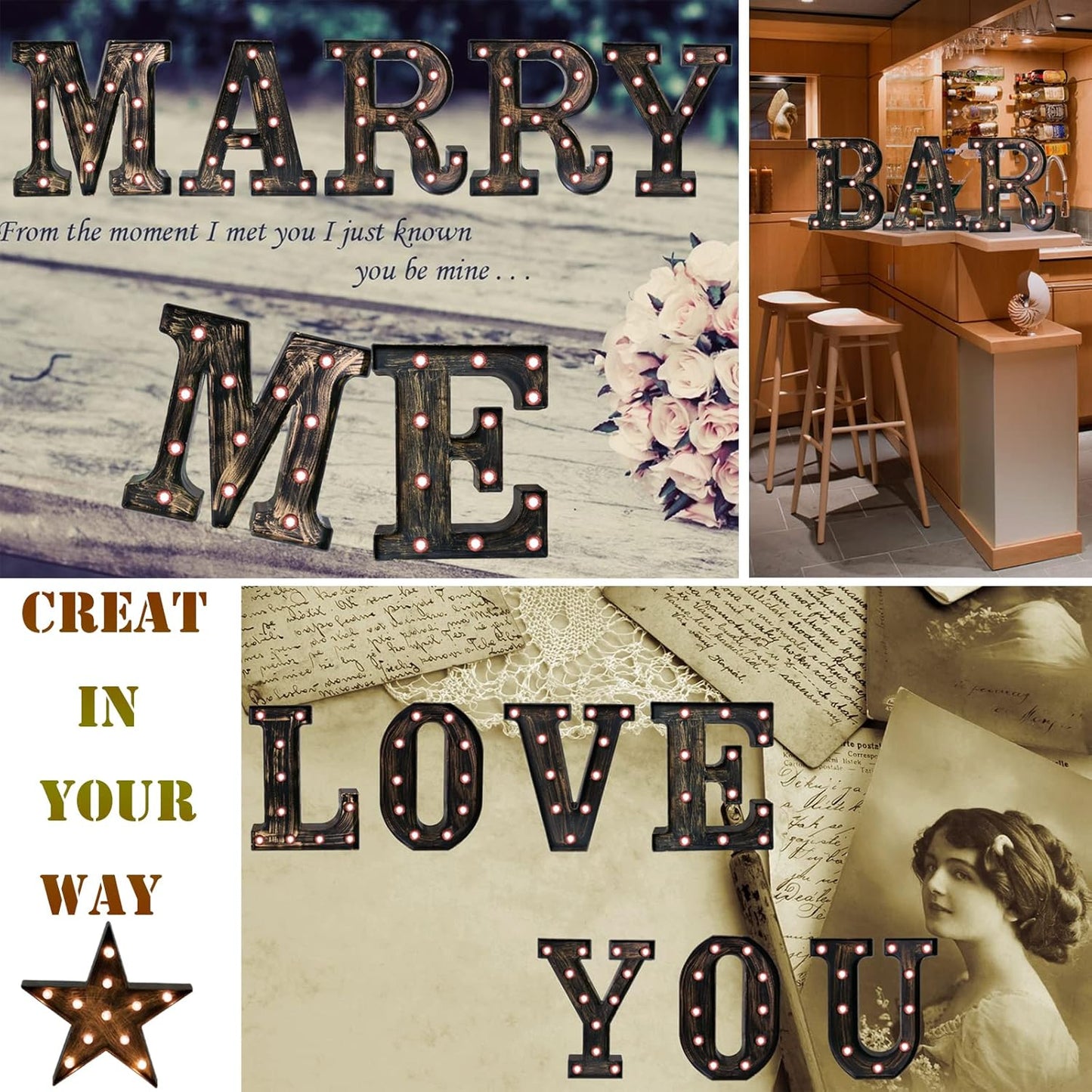 OYCBUZO Golden Black Led Marquee Letter - Industrial, Vintage Style Light Up Alphabet Letter Sign for Cafe Wedding Birthday Party Christmas Lamp Home Bar Initials Decor - E