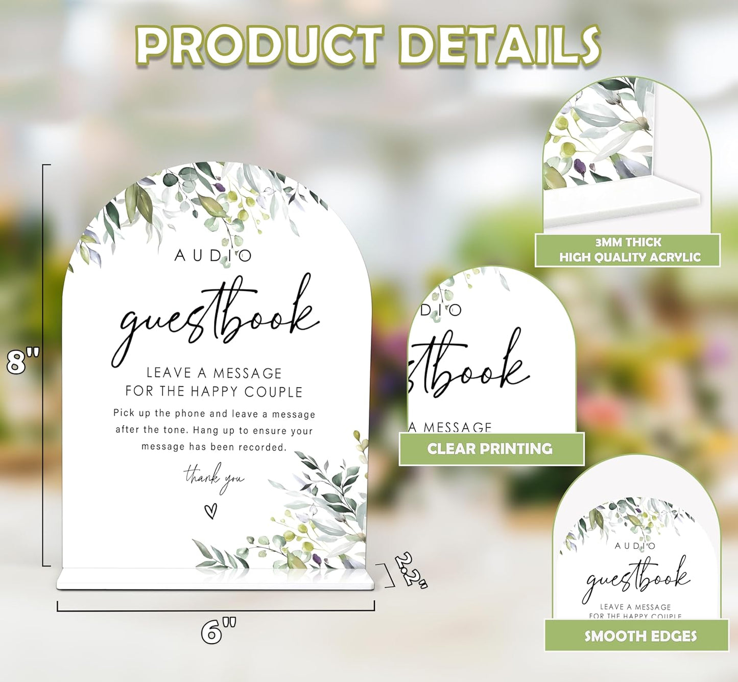 Greenery Audio Guest Book Sign, 6 x 8 Inch White Arch Acrylic Wedding Sign with Holder, Wedding Sign for Ceremony and Reception, Wedding Decoration, Wedding Supplies - LY29