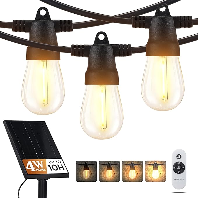 Brightech Ambience Pro Super Bright Solar - 48Ft Remote Control Outdoor String Lights with 15 Shatterproof S14 Bulbs, Commercial Grade LED, Waterproof Patio Lights, 4W Soft White for Patios, Gardens