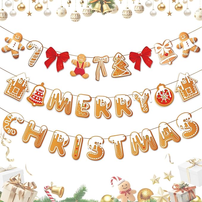 Merry Christmas Banner Gingerbread Christmas Hanging Decoration 3PCS Gingerbread Theme Garland Banner for Holiday Home Office Fireplace Wall Decor Outdoor Indoor Xmas Party Banner