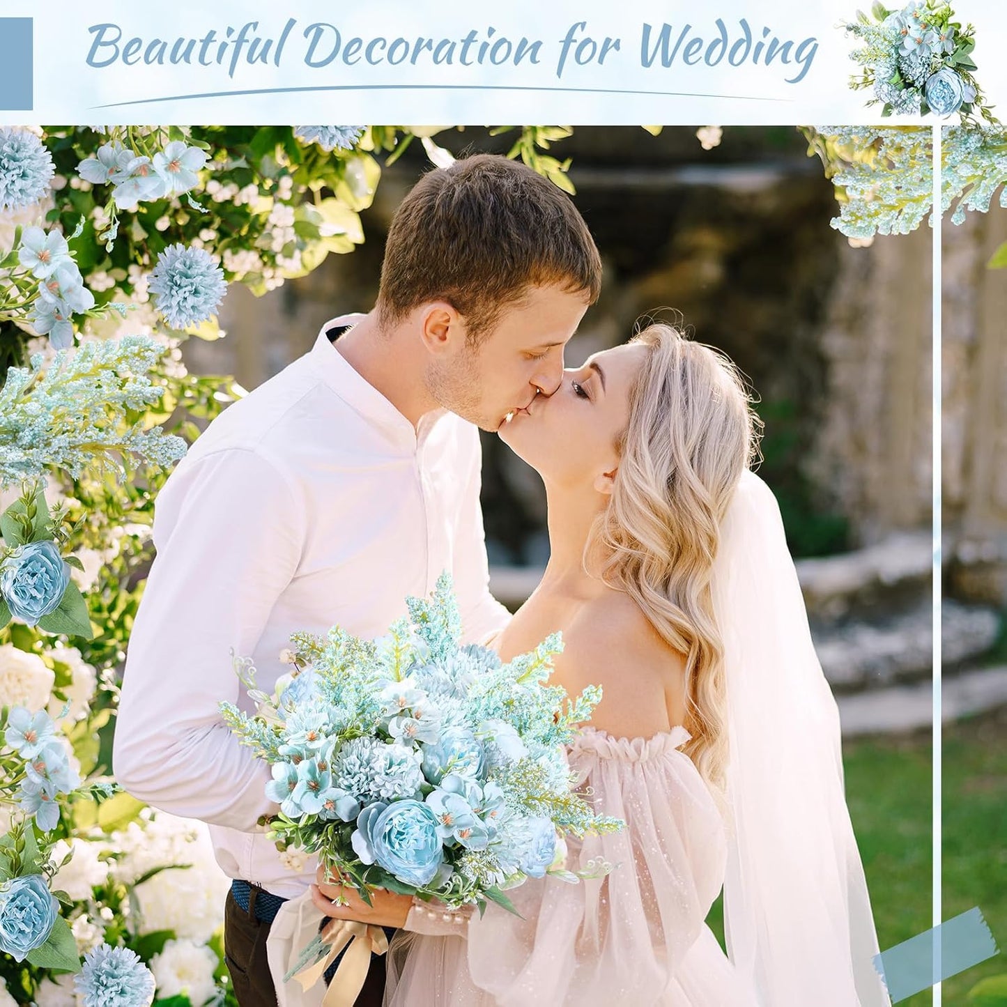 Zeyune 8 Pcs Wedding Silk Flowers Fake Silk Flowers Faux Bouquet Hydrangea Bouquets for Wedding Birthday Party Table Centerpieces Home Decoration(Blue,Peony)