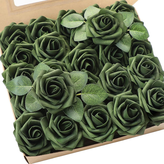 Floroom Artificial Flowers 25pcs Real Looking Emerald Green Foam Fake Roses with Stems for DIY Wedding Bouquets Bridal Shower Centerpieces Floral Arrangements Party Tables Home Decorations
