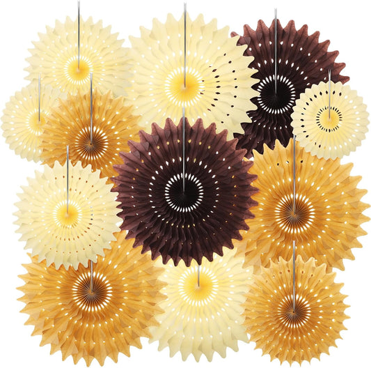 Outus 12 Pcs Hanging Honeycomb Paper Fans Sets, Fiesta Brown and Beige Party Decorations, Tissue Paper Flowers Supplies for Birthday Wall Classroom Wedding Bridal Photo Backdrop (14/8/6 Inch)