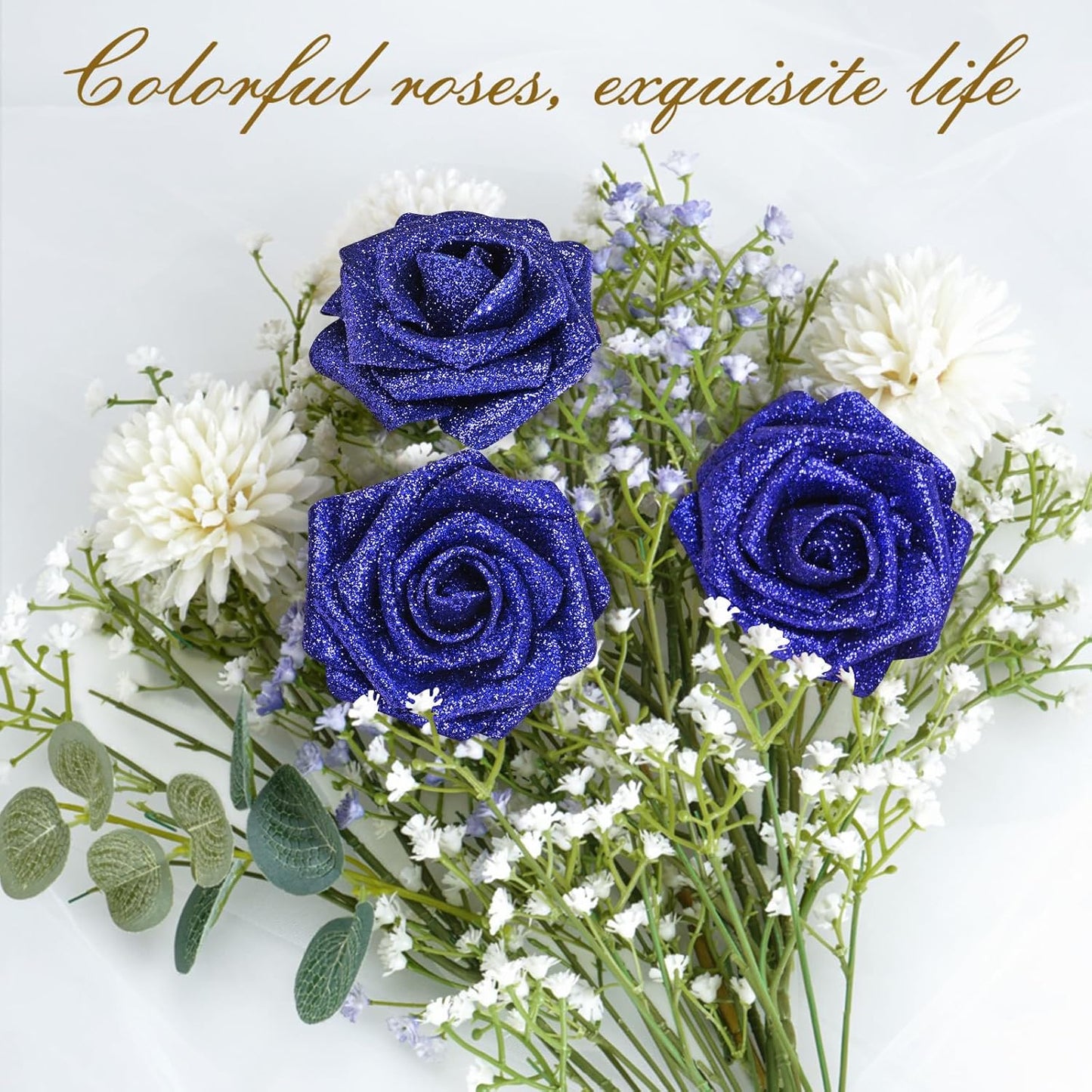 BLEUM CADE 36Pcs Artificial Flowers Fake Roses with Stems, Blue Glitter Boxed Foam Roses for DIY Bouquets Centerpieces Wedding Party Arrangement Bridal Shower Decor