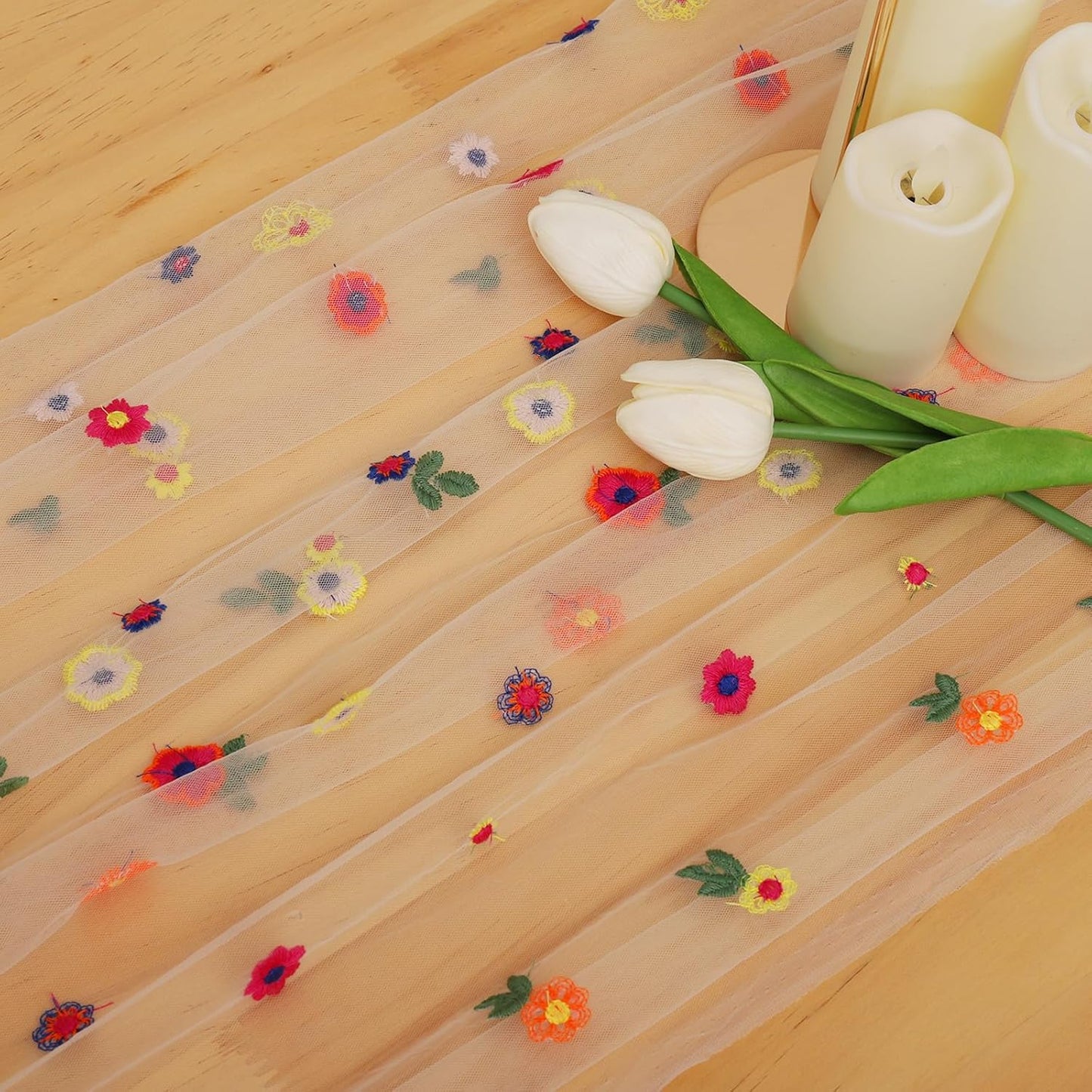 BINBE 12pcs Daisy Fall Table Runner Embroidery Gauze 10FT Florals Seasonal Tulle Holiday Birthday Kitchen Dining Table Decor for Home Party Champagne