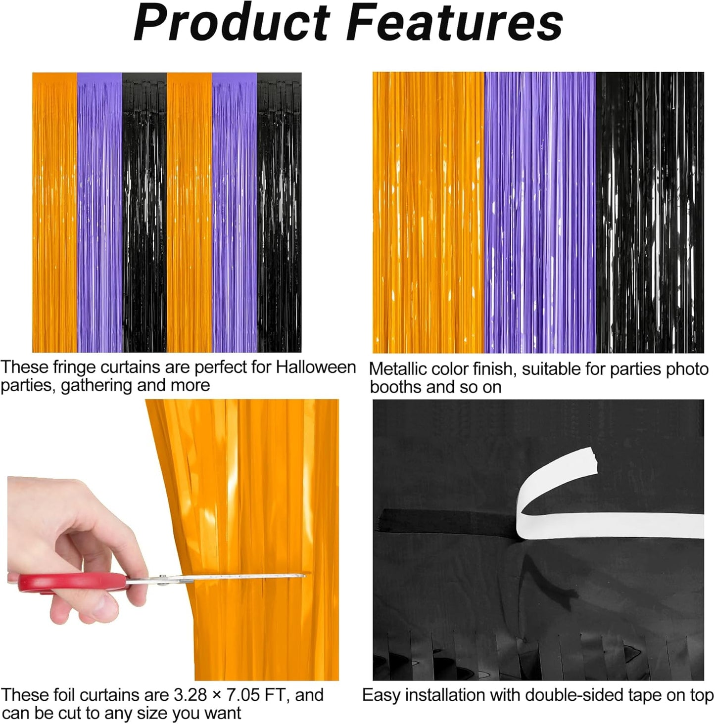 8 Pack Halloween Decorations Indoor, 3.28 FT x 7.05 FT Party Streamer, Orange Purple Black Streamer Backdrop Fringe Curtains Foil Tinsel, Halloween Party Supplies Hanging Halloween Decor