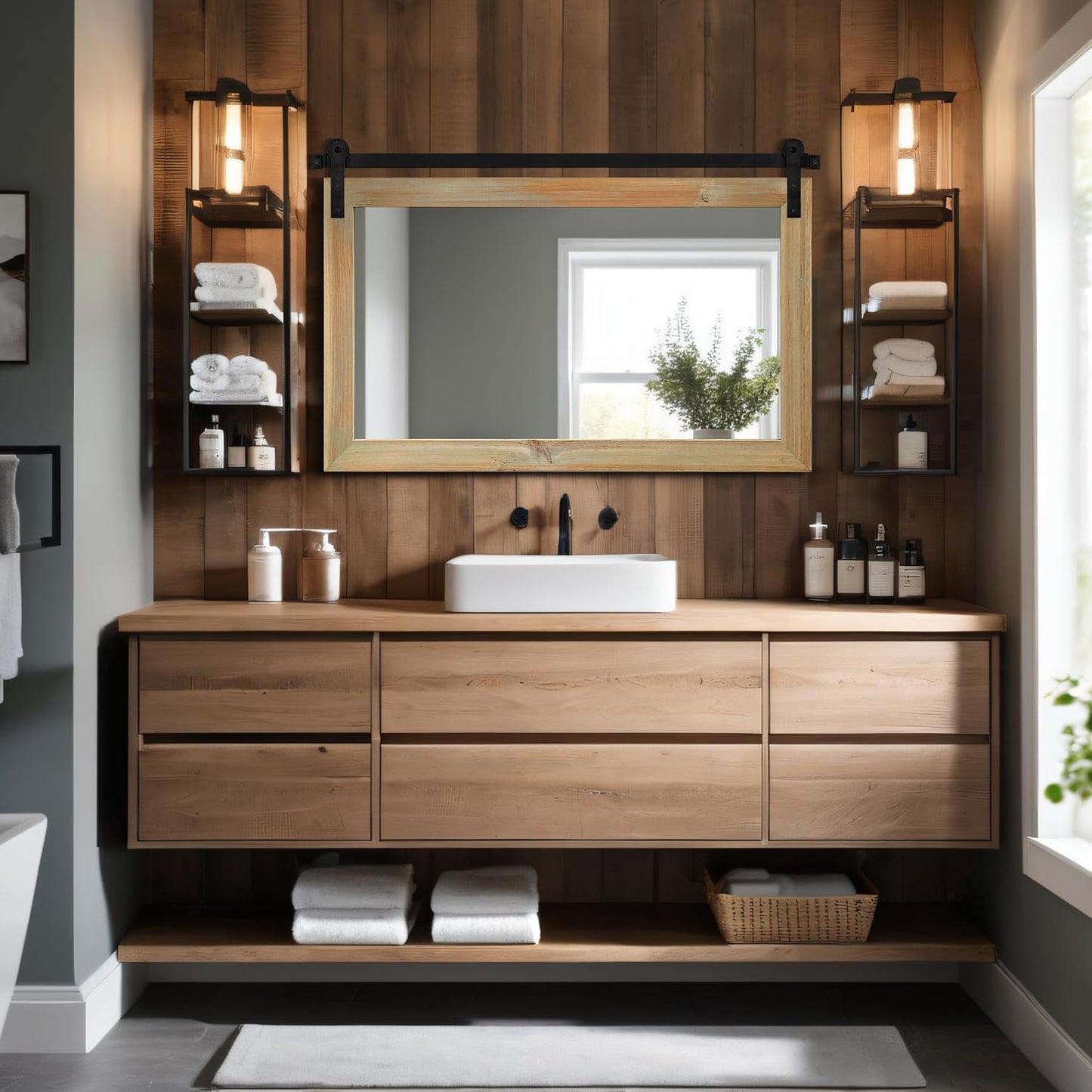 COGOOD Farmhouse Barn Door Mirror - 41 x 26 Rustic Wood Framed Wall Mirror for Bathroom, Living Room, Entryway Wall Decor (Burlywood)