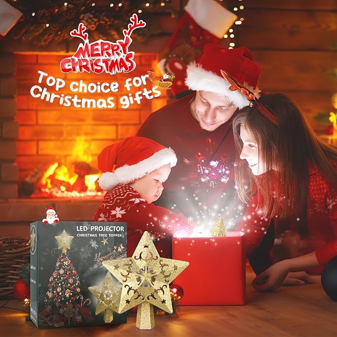 Christmas Tree Topper, Christmas Star Tree Topper Built-in LED Rotating Lights, Plug in 3D Golden Glittered Star Tree Topper for Xmas Party Holiday Decorations