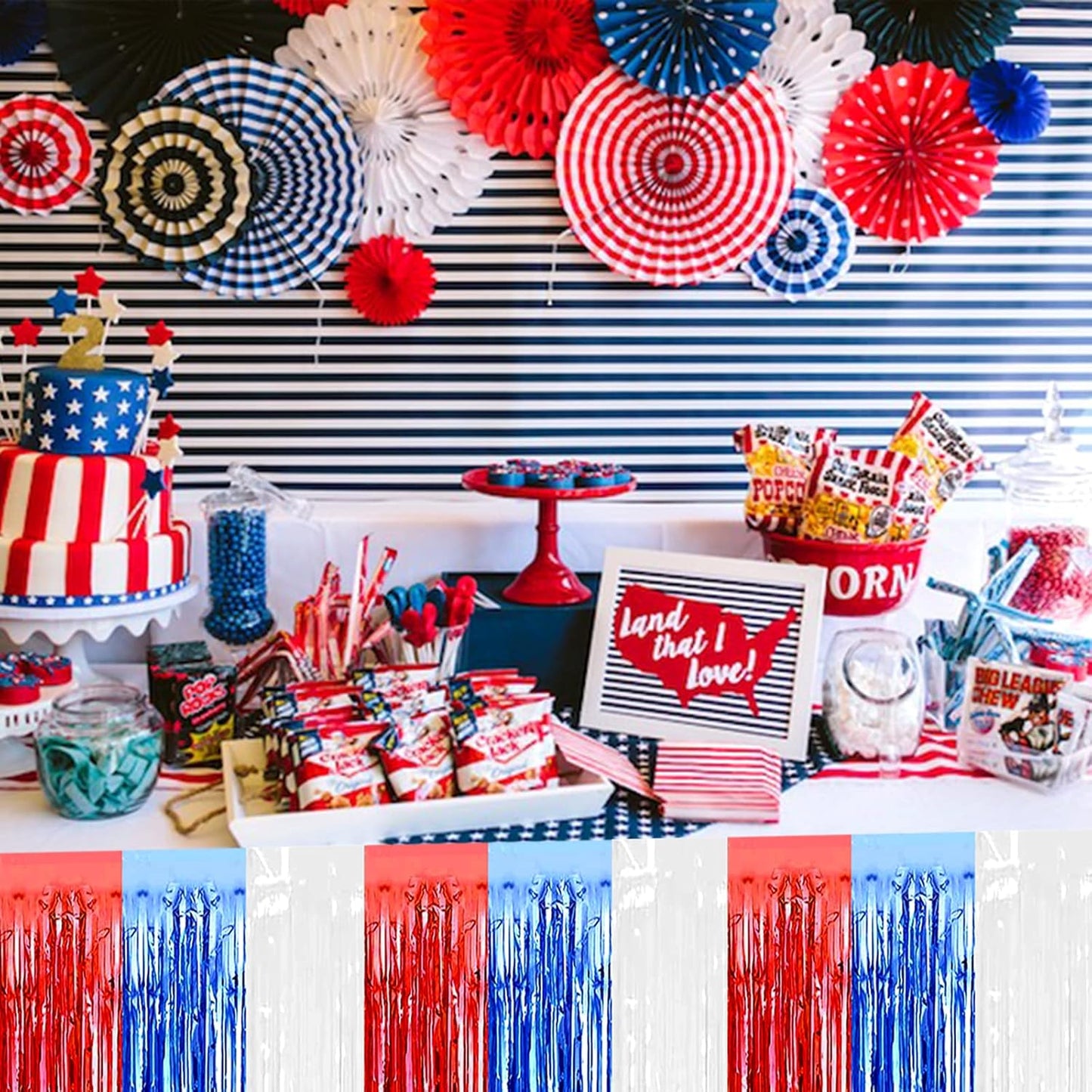 6 Pack 29x108 Inch Red Blue White Metallic Foil Fringe Tinsel Table Skirts for Rectangle Tables Streamer Curtains Backdrop for Wedding, Birthday, Parade Floats, Independence Day Party Decoration