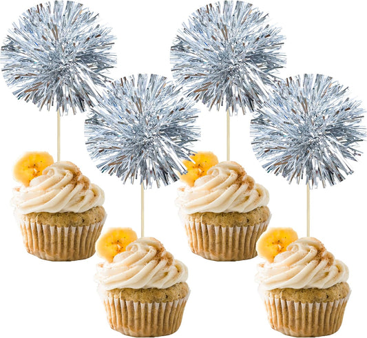 Gyufise 30Pcs Foil Firework Cupcake Toppers Sparkle Tinsel Cake Toppers Tinsel Drink Cake Decoration Cocktail Picks for Birthday Wedding Graduation Party Supplies Dark Silver