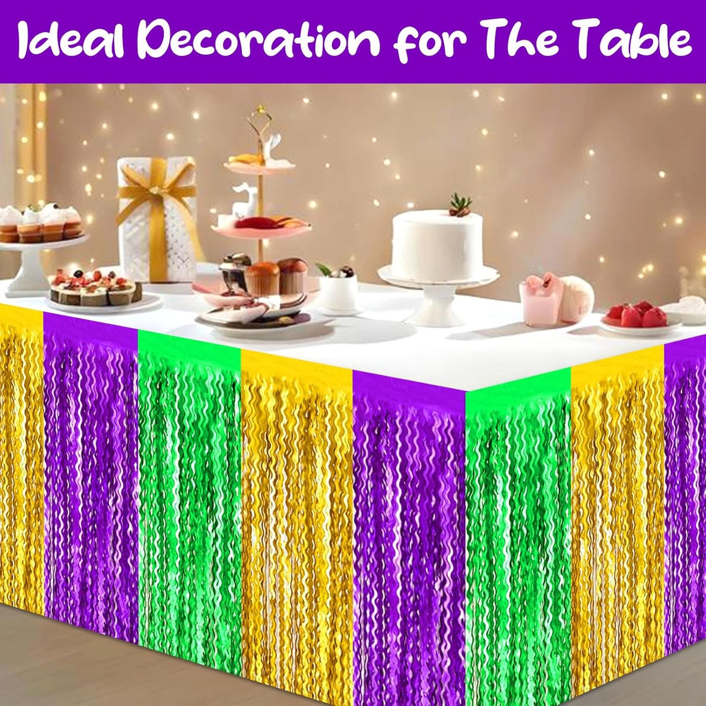 6 Pack 29 x108 Inch Gold Green Purple Wave Foil Fringe Table Skirts Metallic Banner for Tinsel Streamer Garland Backdrop for Parade Floats, Mother's Day, Easter, Wedding, Birthday Party Decoration