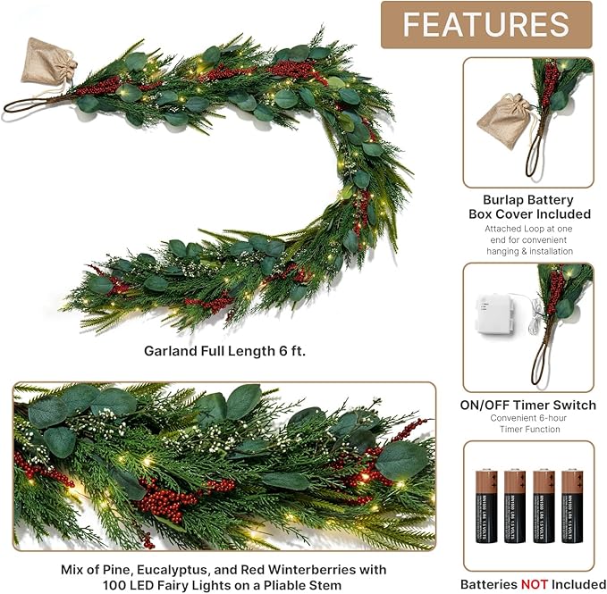 LampLust Lighted Garland with Lights Battery Operated, 6 Ft Red Berry & Eucalyptus,100 LED with Timer, Greenery Garland for Mantle All Year Round