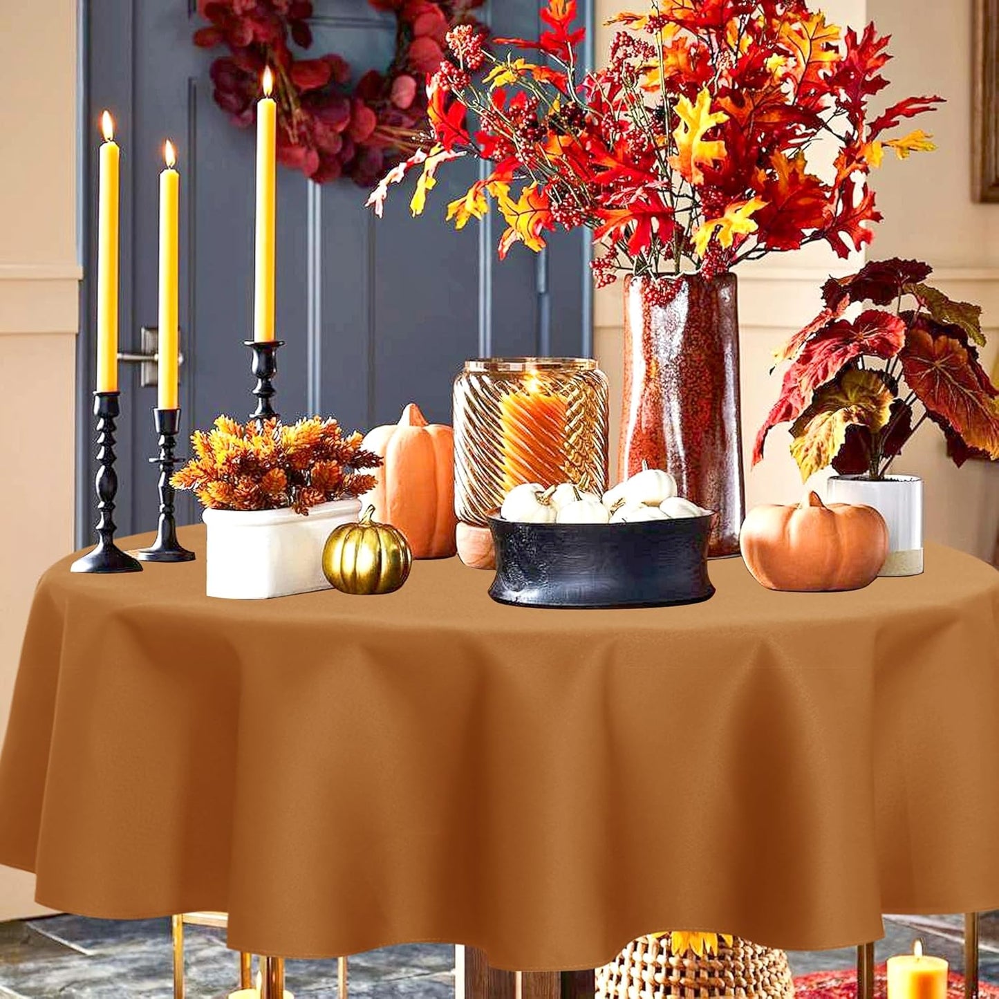sancua Round Tablecloth 60 Inch(Fits 20-48 Inch Tables) - Water Resistant Spill Proof Washable Polyester Fall Table Cloth Decorative Fabric Table Cover for Dining Tables Thanksgiving Parties, Bronze