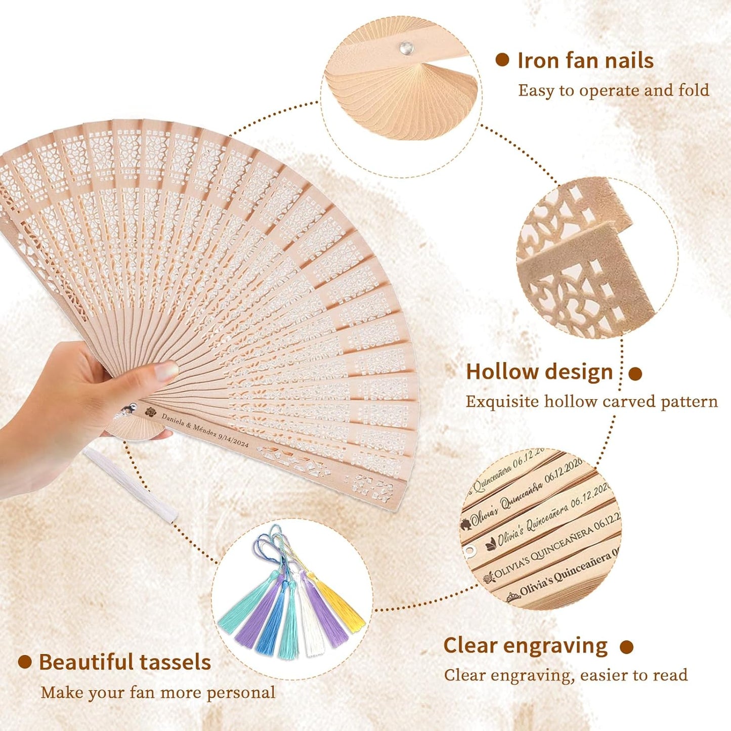 100Pcs Custom Wedding Fans for Guests Bulk – Personalized Hand Fans with Text or Logo for Wedding Guest Favors, Bridal Shower, Party Decorations (Sandalwood, 100)