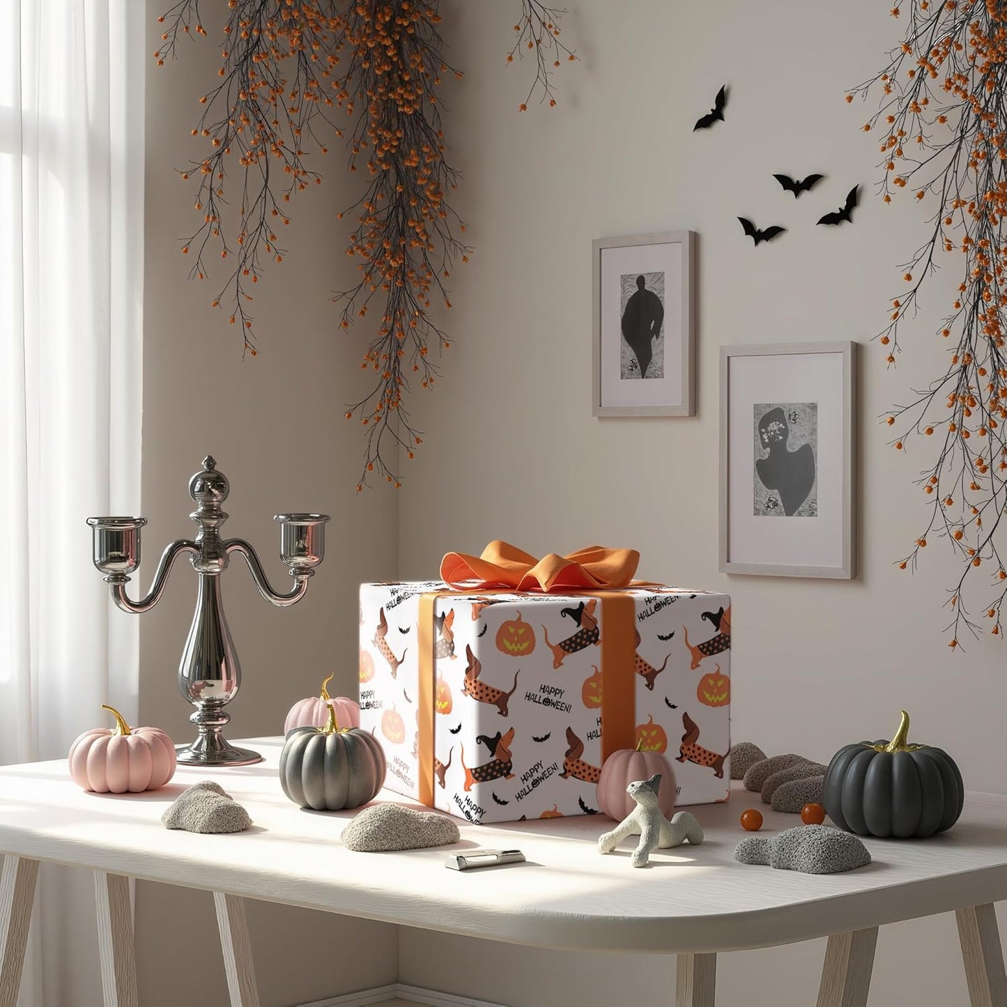 LeZakaa Halloween Dachshund Wrapping Paper Roll, Cute Dachshund Dogs with Pumpkins Bats for Pet Lovers, Kids, Family, Party, Trick-or-Treat Presents, Mini Roll 17 in x 16.4 Ft