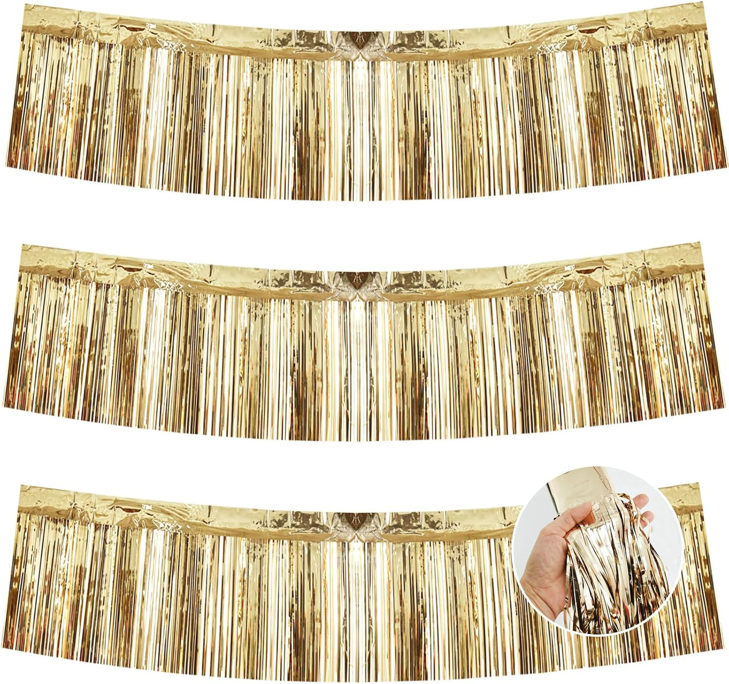 BEISHIDA 3 Packs Metallic Foil Fringe Garland Champagne Wall Hanging Tinsel Fringe Banners for Car Floats Halloween Bridal Shower Wedding Birthday Easter Graduation Holiday Party Decoration(30Ft)