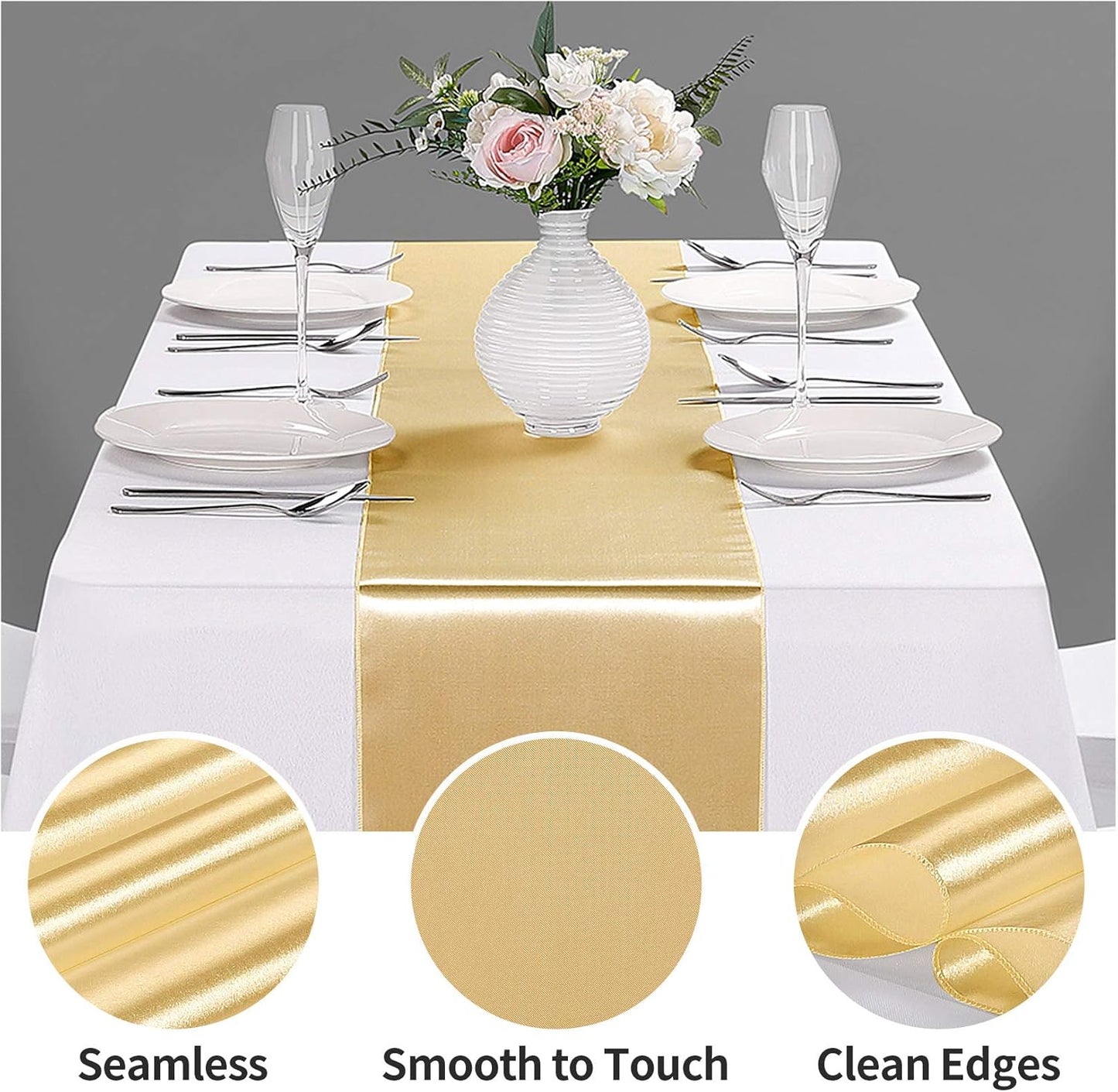 5-Pack Satin Table Runner Light Gold 12 x 108 inches Long, Table Runners for Wedding, Birthday Parties, Banquets Decorations（5 Pack, 12x108 Inch, Light Gold）