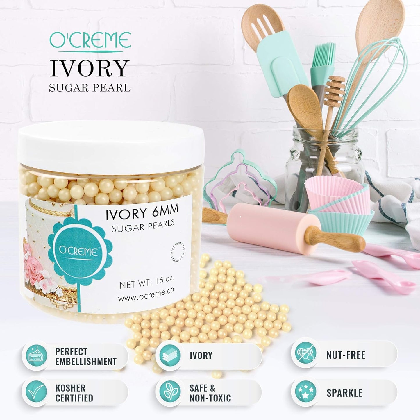 O'Creme Ivory Edible Sugar Pearls Cake Decorating Supplies for Bakers: Cookie, Cupcake & Icing Toppings, Beads Sprinkles For Baking, Certified, Candy Sugar Ball Accents (5mm, 11 Lbs)