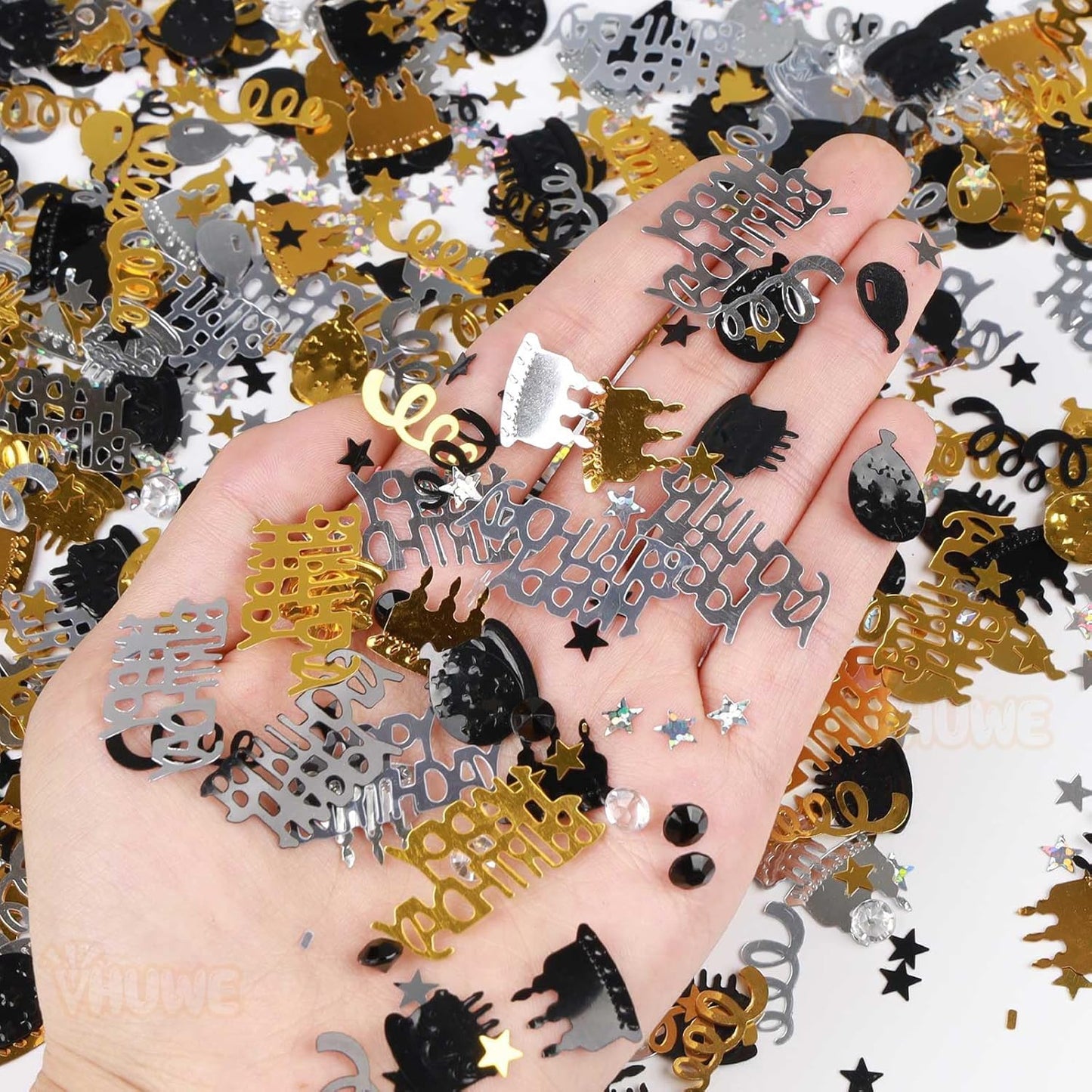 VHUWE Happy Birthday Confetti, 1.6 oz Black Gold Silver Cake Balloon Star Goblet Bottle Glitter Confetti for Happy Birthday Party Decorations Boys Girls Kids Women Men Birthday Table Decorations