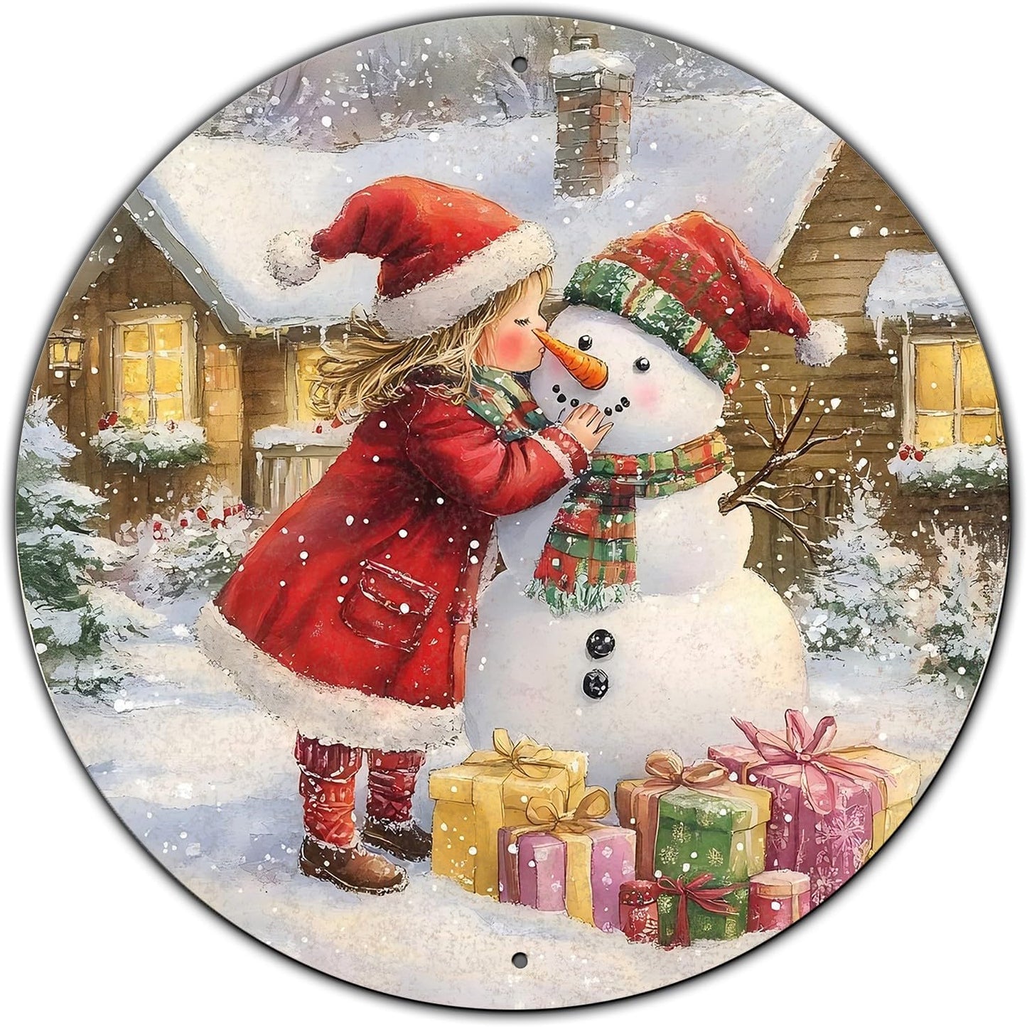 Round Wall Decor Christmas Metal Tin Sign Girl and Snowman Sign Rustic Wall Decor Wall Plaque Snowman Wreath Sign for Christmas Round Wreath Wall Decor Vintage Garage Yard Home 12 * 12 in