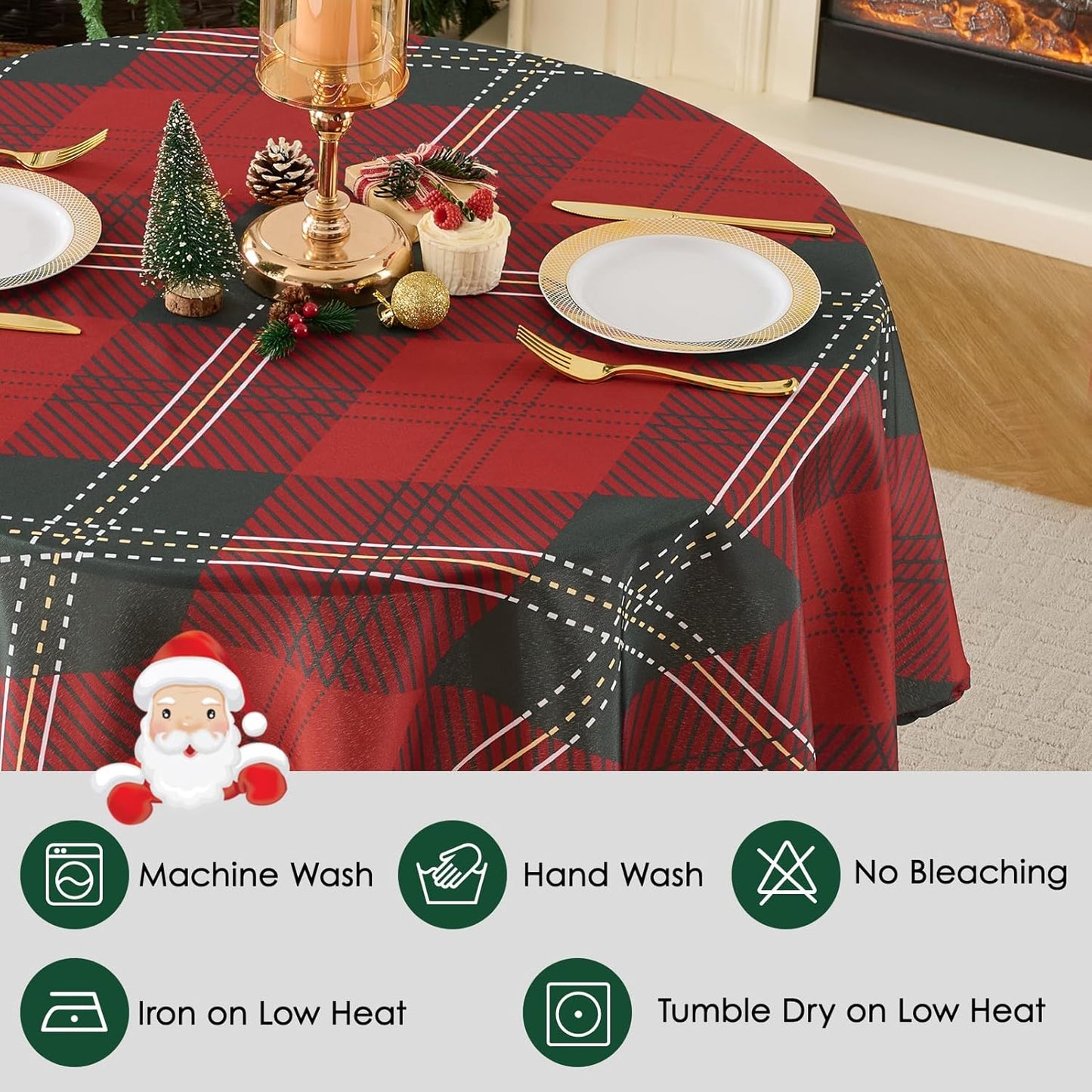 Christmas Tablecloth Round 60 Inch Waterproof, Machine Washable Checkered Polyester Table Cover for Xmas Party, Winter Holiday Home Decoration in Festive Checkered Green 1pack