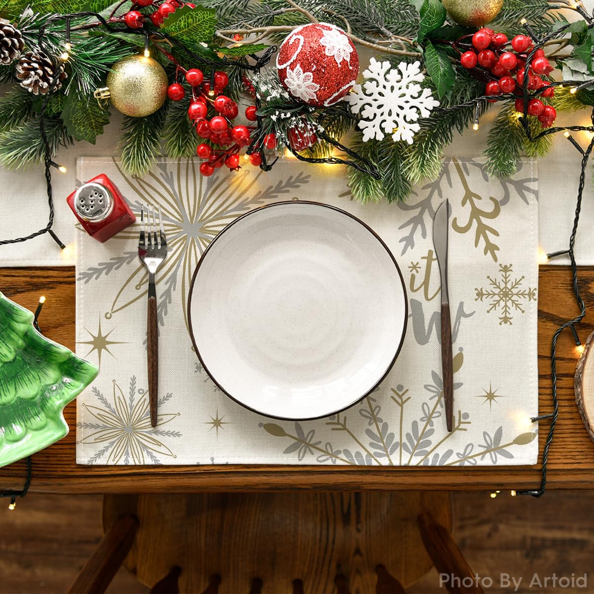 Artoid Mode Beige Snowflake Let It Snow Winter Placemats Set of 2, 12x18 Inch Seasonal Christmas Table Mats for Party Kitchen Dining Decoration