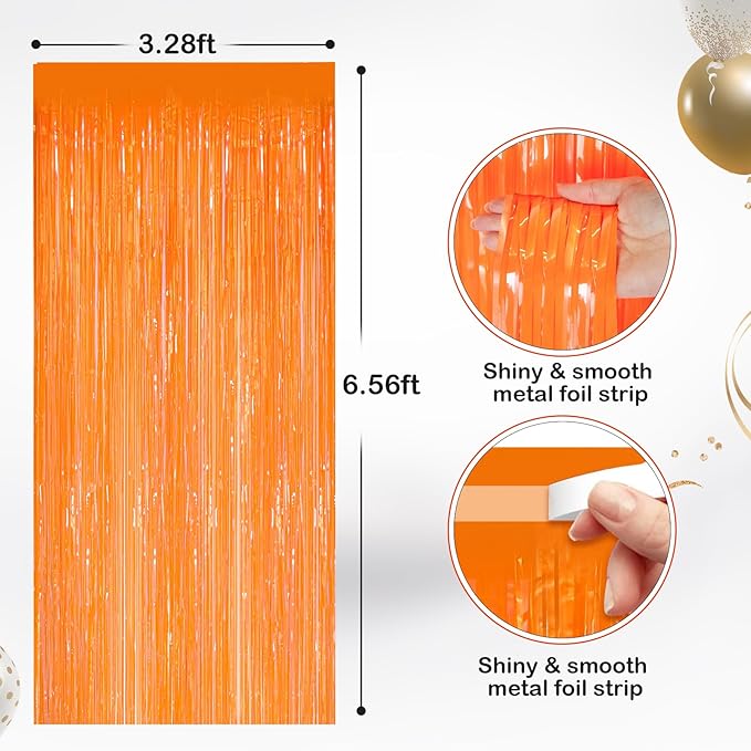 2 Pack Orange Metallic Tinsel Foil Fringe Curtains, Door Streamers Photo Booth Backdrop for Birthday Party, Tinsel Curtain Backdrop for Baby Shower Bachelorette Christmas Party Decorations