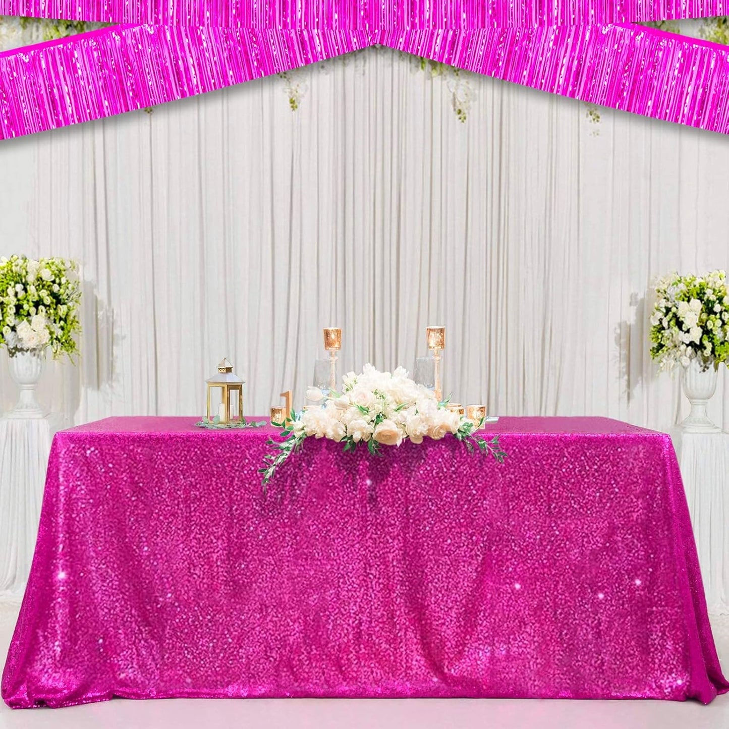 10 Pack 10 Feet Foil Fringe Garland Metallic Tinsel Streamers Banner Wall Hanging Curtain Backdrop for Parade Floats, Bachelorette, Wedding, Birthday, Halloween, Christmas Party Decorations(Fuchsia)