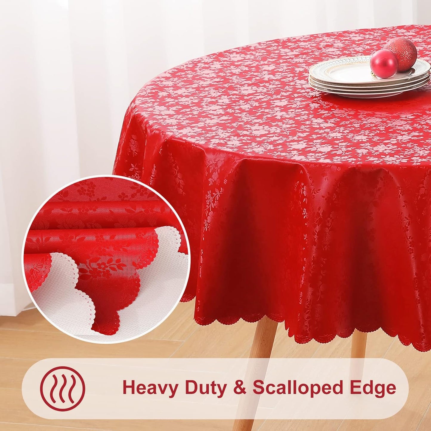 Smiry Round Table Cloth, Waterproof Heavy Duty Vinyl Tablecloths, Wipeable Washable Table Cover for Kitchen and Dining Room (Red, 60" Round)