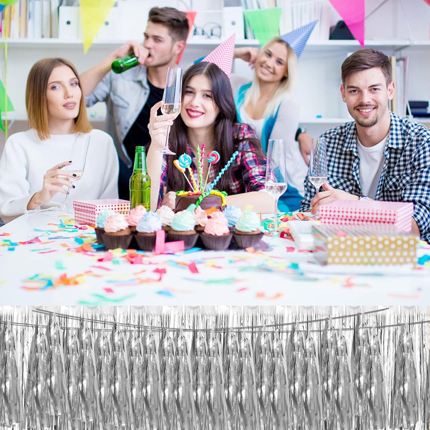 8P Silver Foil Fringe Metallic Tassel Streamers Banner Tassel Garland for Parade Floats, Bachelorette, Wedding, Birthday, Halloween, Christmas, Bridal/Baby Shower Party Decorations