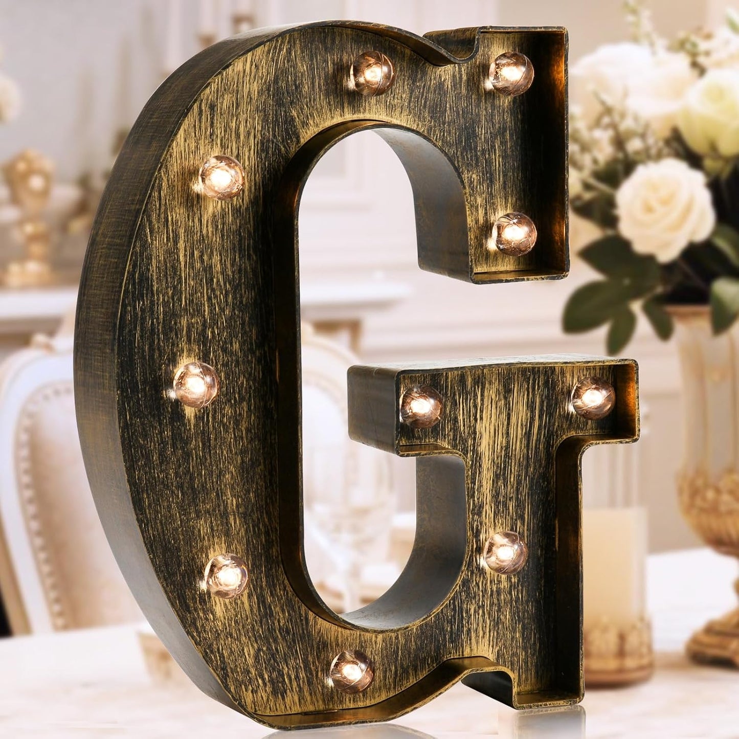 OYCBUZO Golden Black Led Marquee Letter - Industrial, Vintage Style Light Up Alphabet Letter Sign for Cafe Wedding Birthday Party Christmas Lamp Home Bar Initials Decor - G