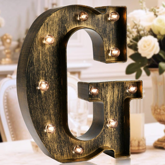 OYCBUZO Golden Black Led Marquee Letter - Industrial, Vintage Style Light Up Alphabet Letter Sign for Cafe Wedding Birthday Party Christmas Lamp Home Bar Initials Decor - G