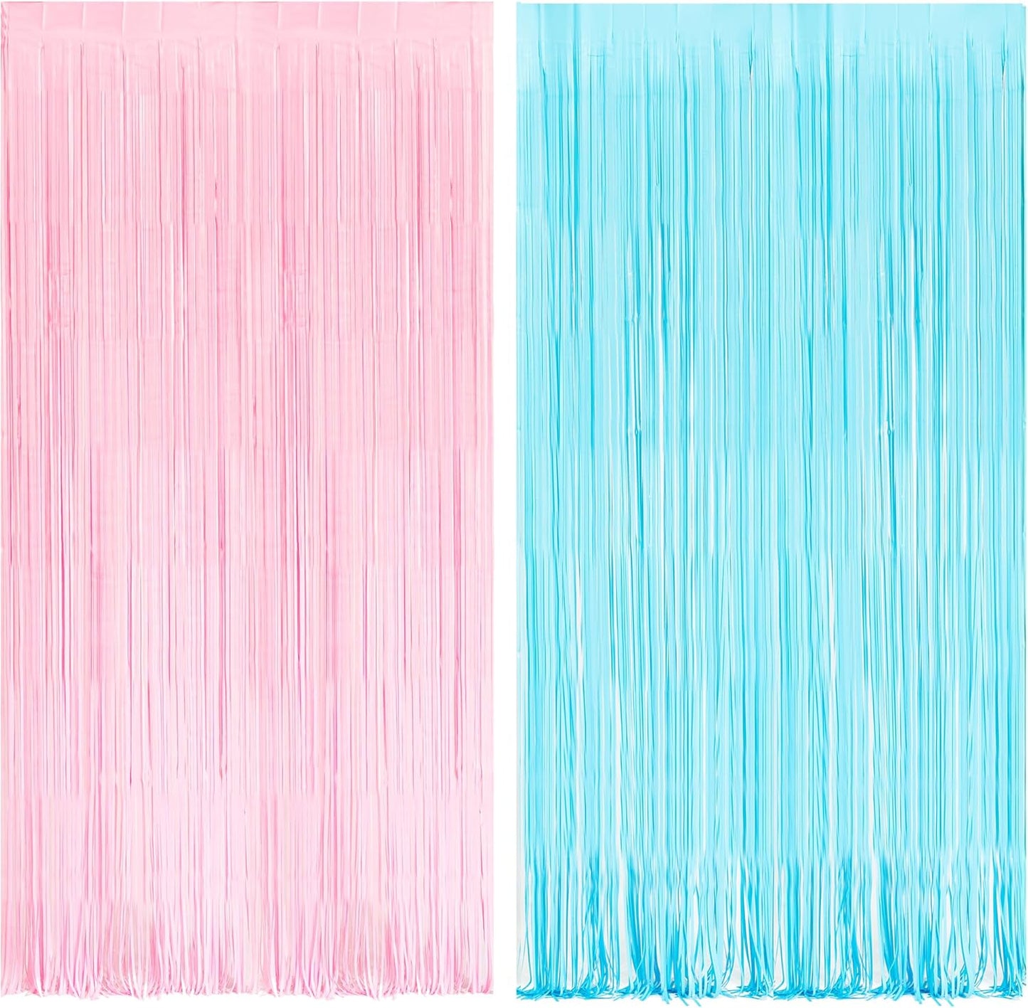 BRAVESHINE Tinsel Photo Backdrop Curtains - 2 Pack 3.2x8.2ft Pastel Pink Blue Foil Fringe Streamer Curtain for Boy or Girl Birthdays Sweet Donuts Easter Party Decorations