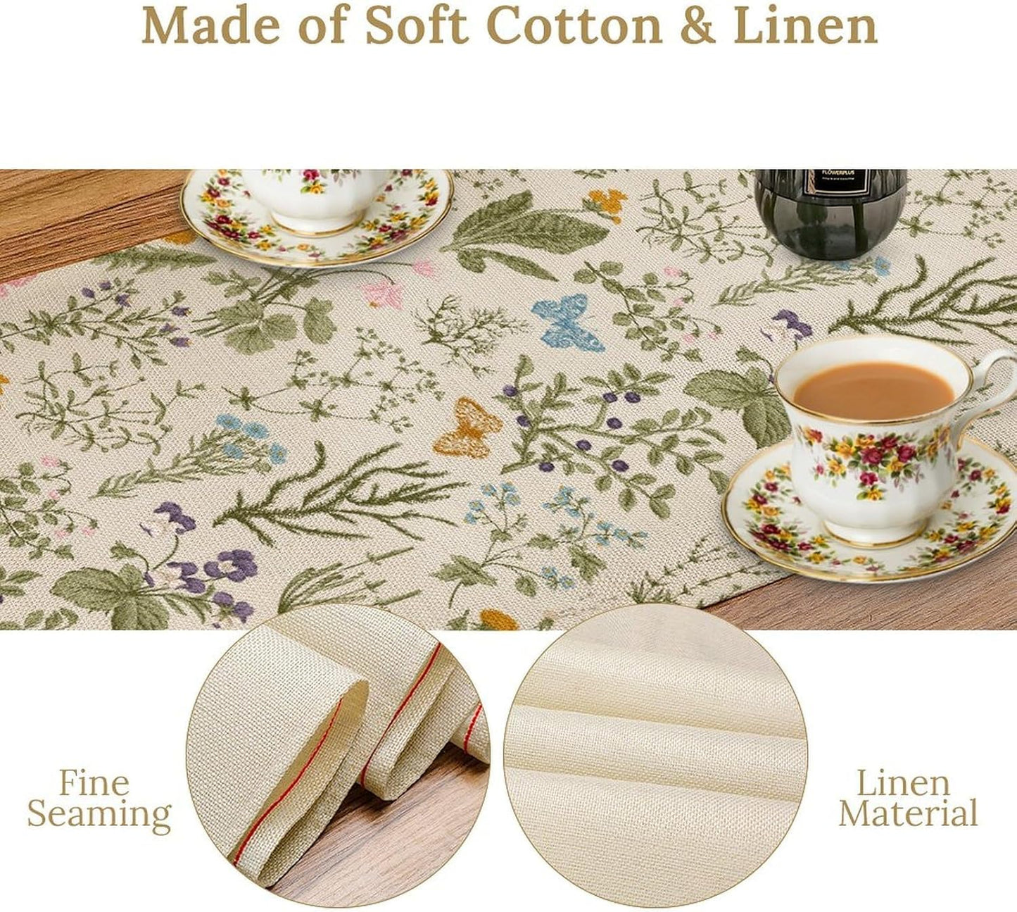 Wildflowers Floral Table Runner, Retro Flower Butterfly Seasonal Spring Summer Kitchen Dinning Table Runner for Indoor Outdoor Home Wedding Party Holiday, 13x108 Inch