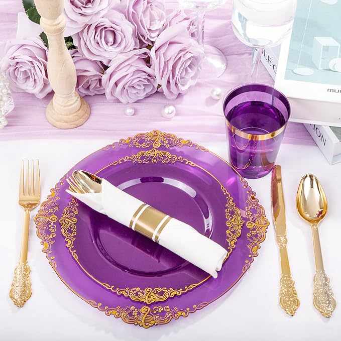 Hioasis 210pcs Purple and Gold Plates - Purple Party Plates for 30 Guest, Include 60 Heavy-duty Plates(20% Thicker Than Standard), 30 Pre Rolled gold Plastic goldware Set, 30 Cups