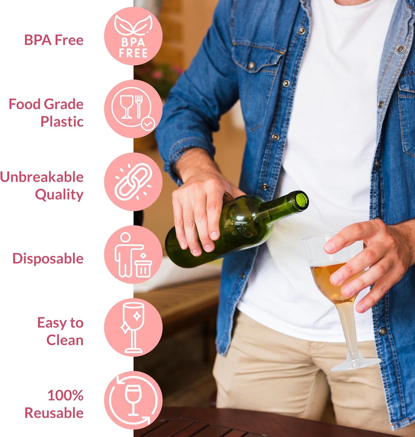 Prestee Stemmed Disposable Wine Glasses - 10 oz Clear Plastic Wine Glasses BPA-Free - Easy Assembly for Parties Weddings Picnics - Durable and Sturdy Wine Plastic Cups - 48 Pack