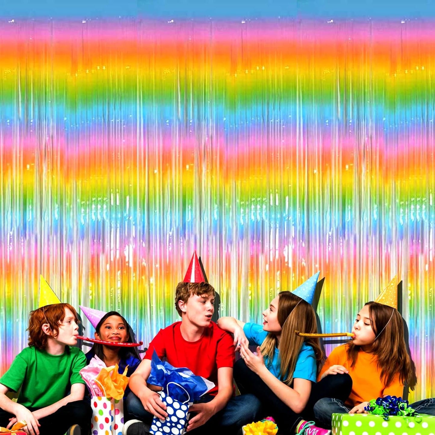 4 Pack Rainbow Tinsel Foil Fringe Curtain Backdrop, 3.28Ft x 8.2Ft Colorful Metallic Streamers for Photo Booth Props Wedding Bridal Shower Bachelorette Birthday Easter Christmas Party Decoration