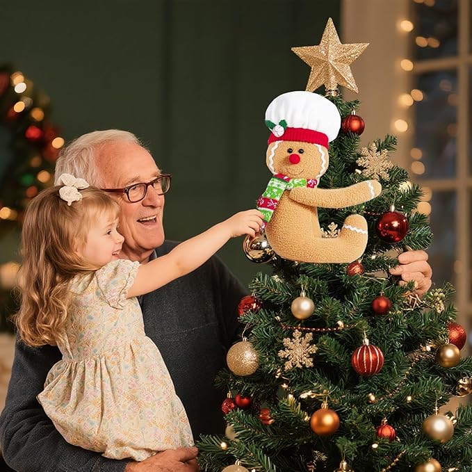 Gingerbread Man Christmas Tree Topper Santa Claus Christmas Decoration,2 Pack Cute Tree Topper Xmas Curtain Wine Bottle Staircase Guardrail Ornament for Xmas New Year(Gingerbread Man & Santa)