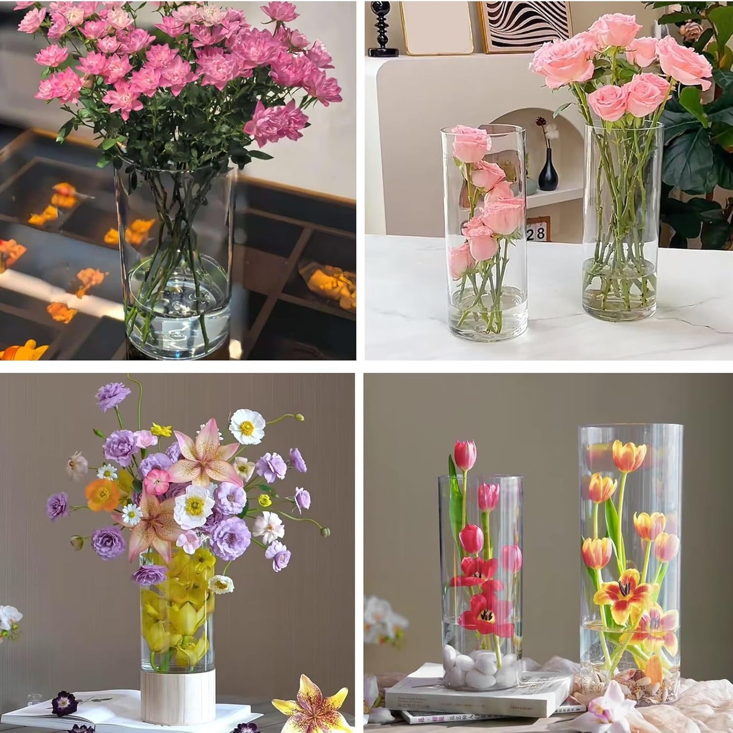 48 Pack Plastic Cylinder Vases, 4 6 8 10 Inch Tall Acrylic Cylinder Clear Flower Vase Set Bulk Glass Like Large Round Plastic Vases for Centerpiece Wedding Home Office (48)